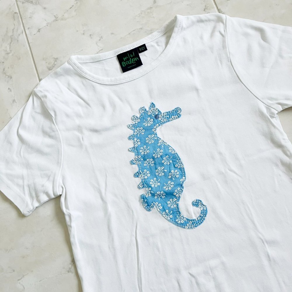 Limited Edition Mini Boden Seahorse Design White/Blue Tee Shirt Girls 11-12